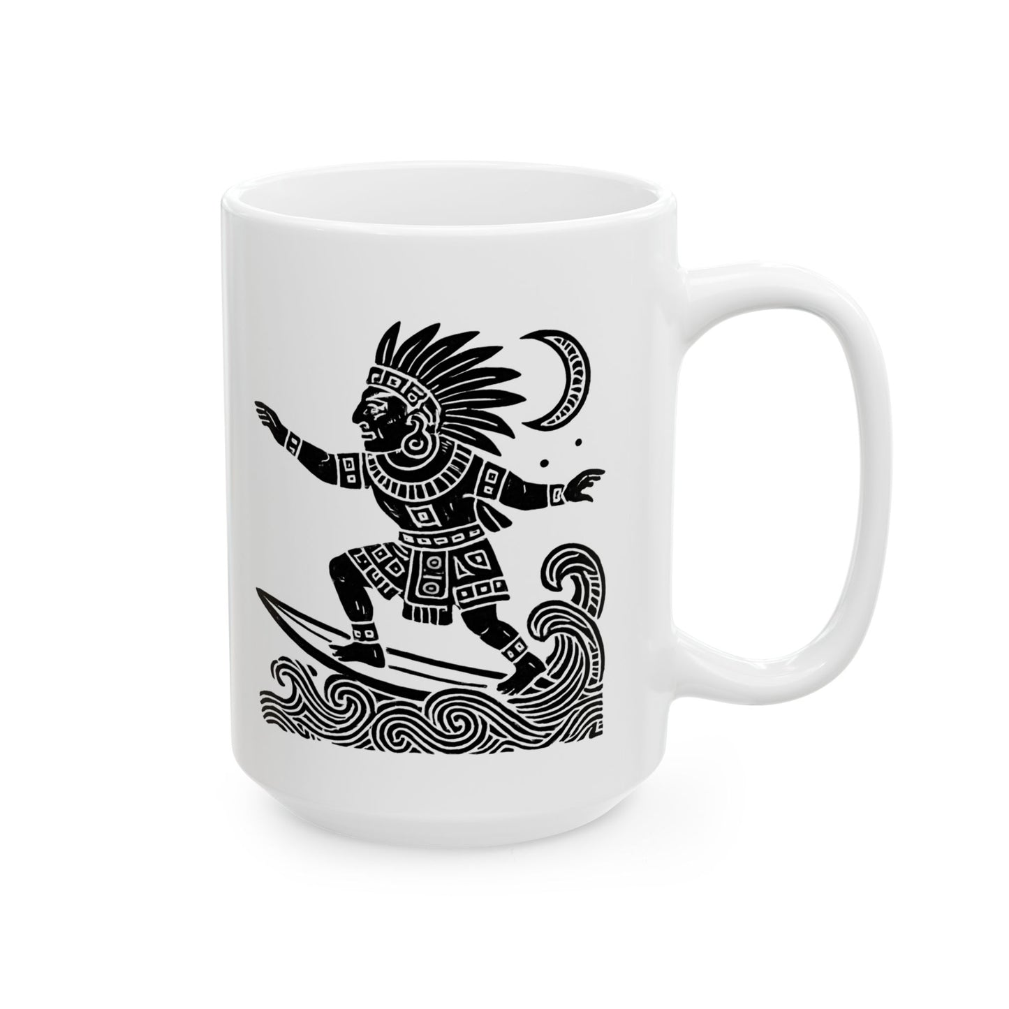 Surfing Aztec God-Inspired Ceramic Mug | Beach Lover Gift | Ocean Decor | Coffee Cup | Unique Art Print | Perfect for Summer Vibes
