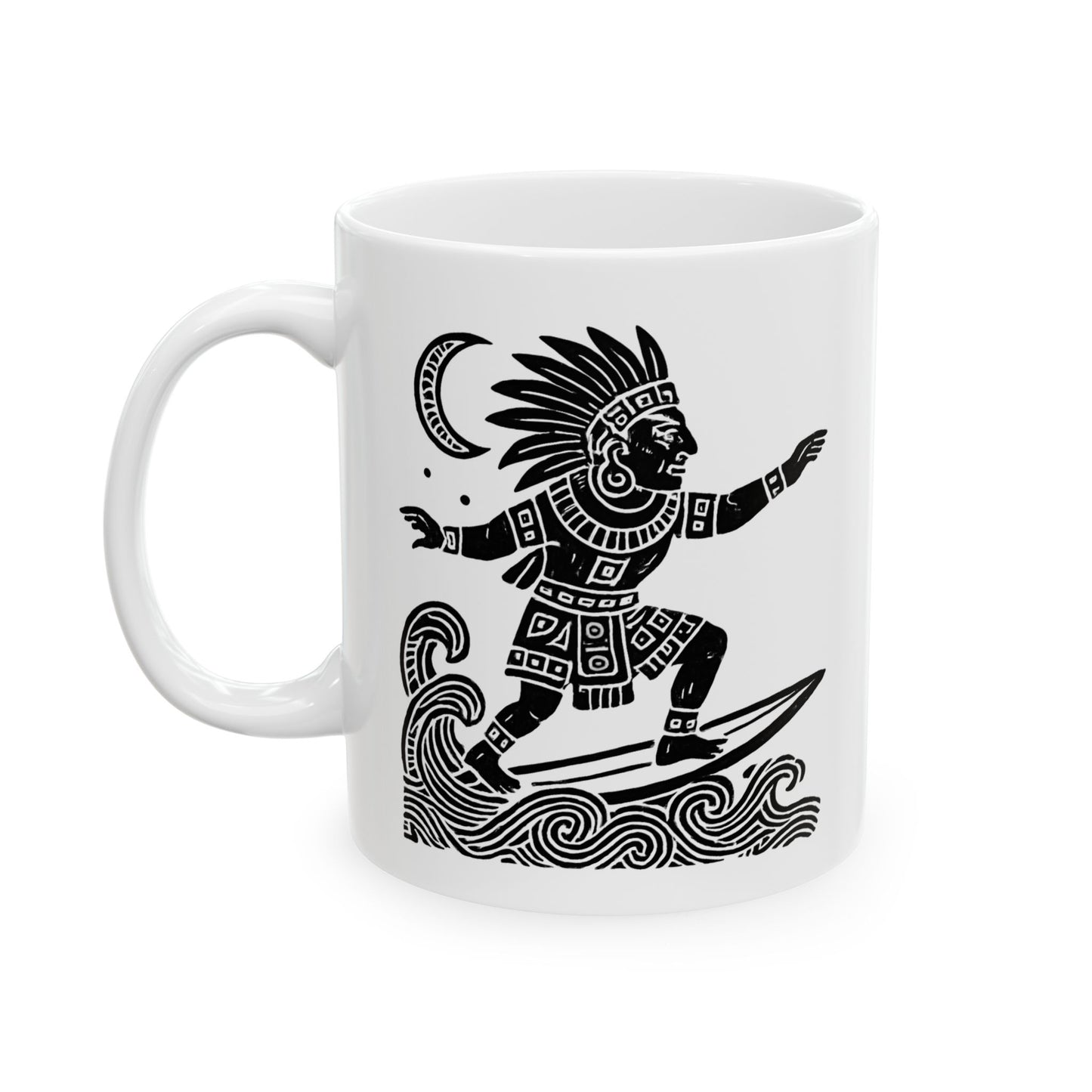 Surfing Aztec God-Inspired Ceramic Mug | Beach Lover Gift | Ocean Decor | Coffee Cup | Unique Art Print | Perfect for Summer Vibes