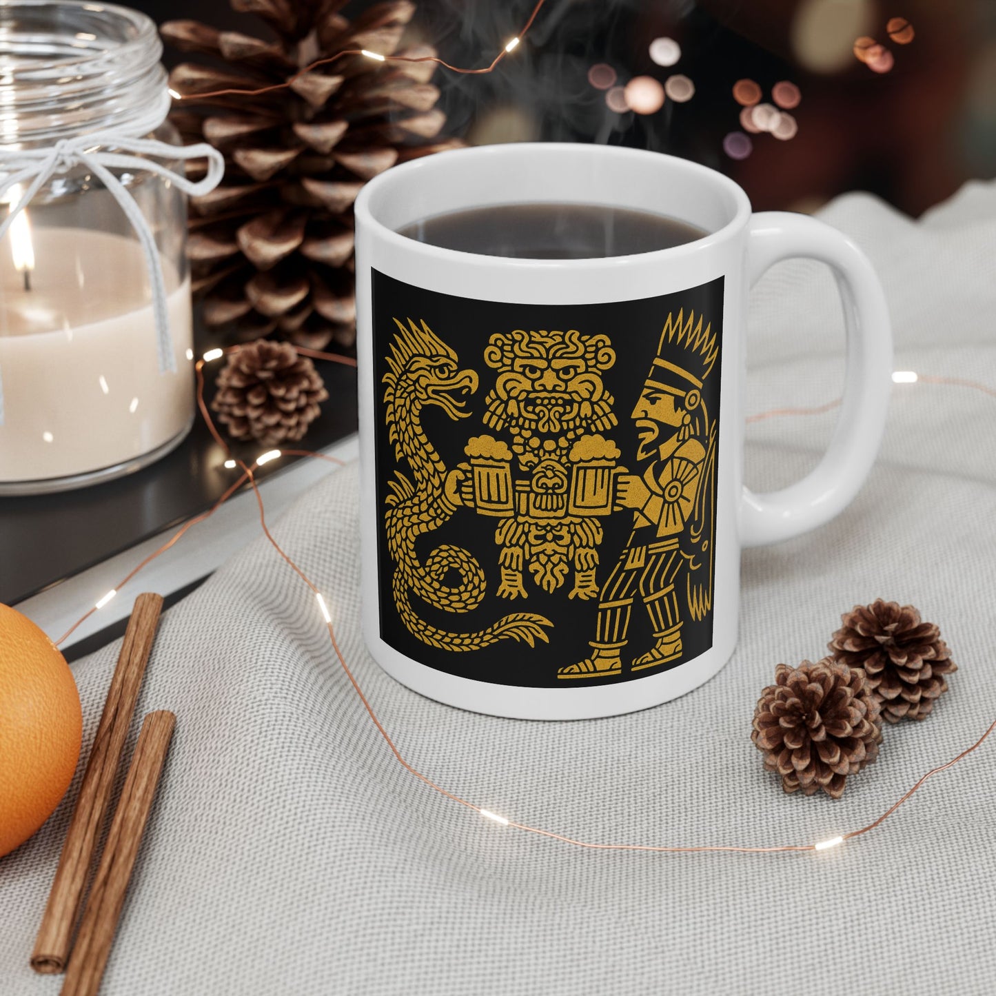 Ceramic Mug with Aztec Warriors and Dragon Design, Unique Coffee Cup, Fun Gift for Collectors, Home Decor, Celebration Mug
