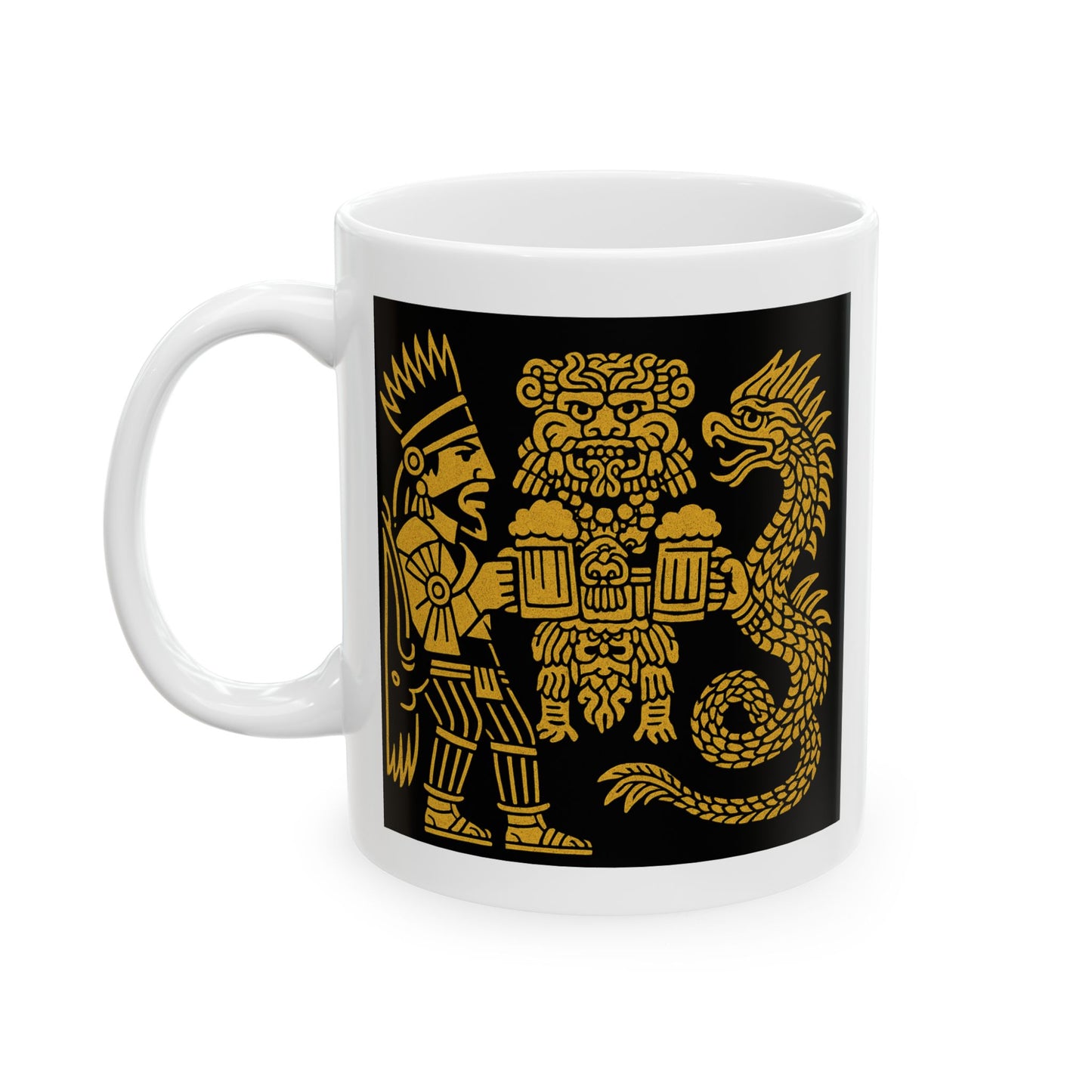 Ceramic Mug with Aztec Warriors and Dragon Design, Unique Coffee Cup, Fun Gift for Collectors, Home Decor, Celebration Mug