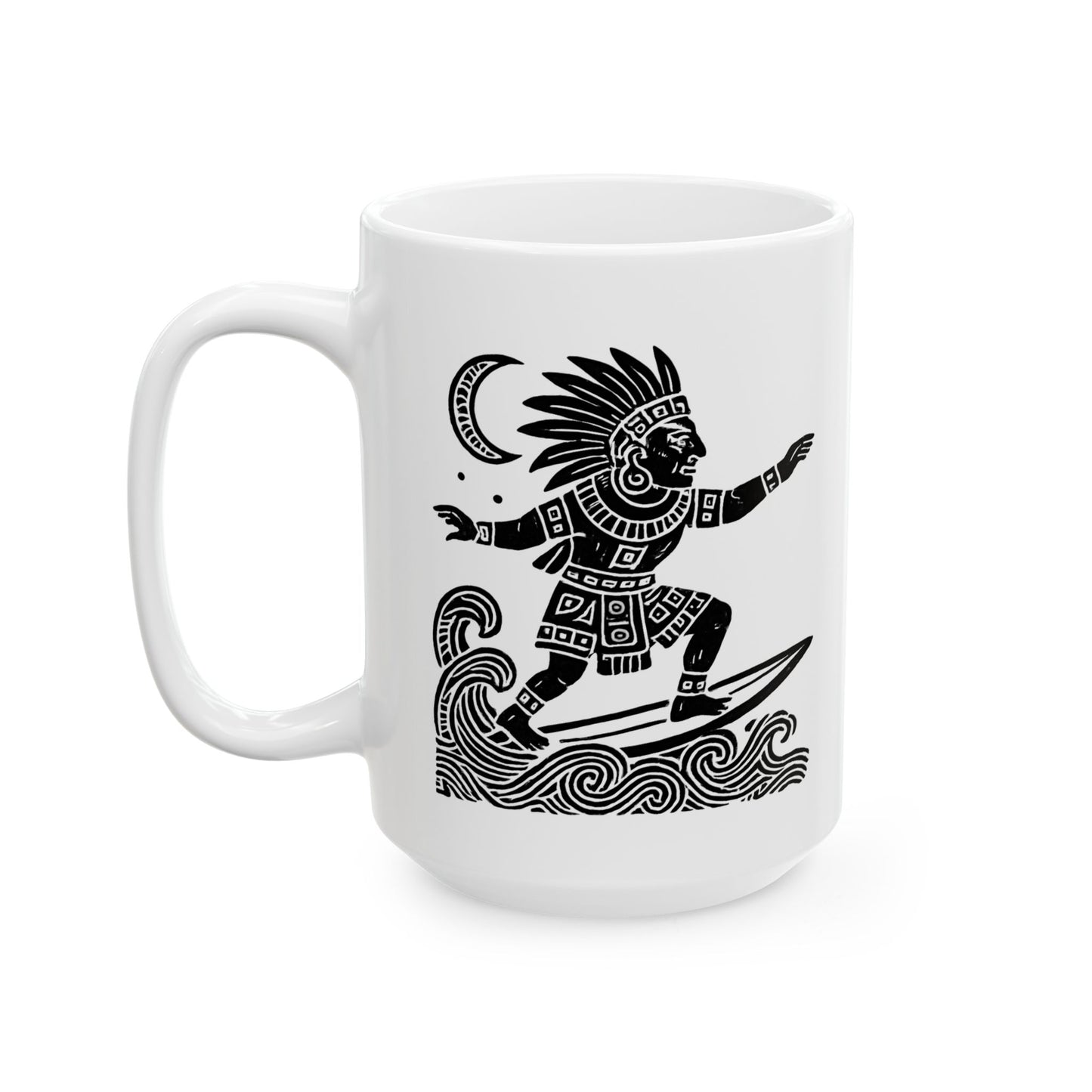 Surfing Aztec God-Inspired Ceramic Mug | Beach Lover Gift | Ocean Decor | Coffee Cup | Unique Art Print | Perfect for Summer Vibes