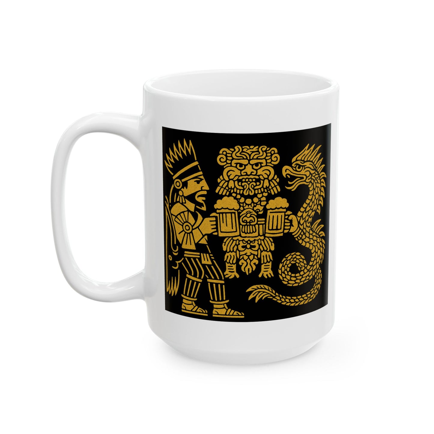 Ceramic Mug with Aztec Warriors and Dragon Design, Unique Coffee Cup, Fun Gift for Collectors, Home Decor, Celebration Mug