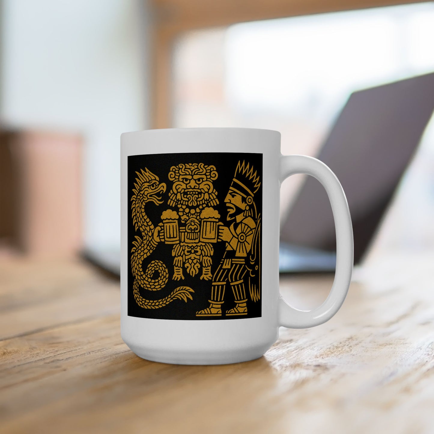 Ceramic Mug with Aztec Warriors and Dragon Design, Unique Coffee Cup, Fun Gift for Collectors, Home Decor, Celebration Mug