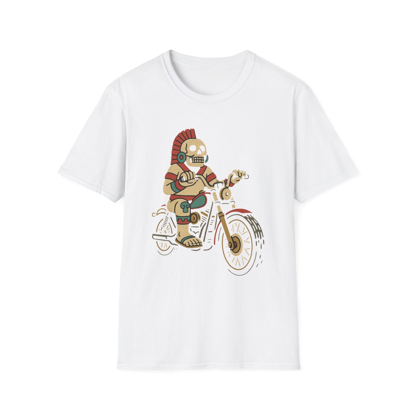 Aztec Ghost Biker Graphic Tee, Unisex Softstyle T-Shirt, Casual Wear, Bike Enthusiast Gift, Unique Summer T-Shirt, Fun Outdoor Apparel
