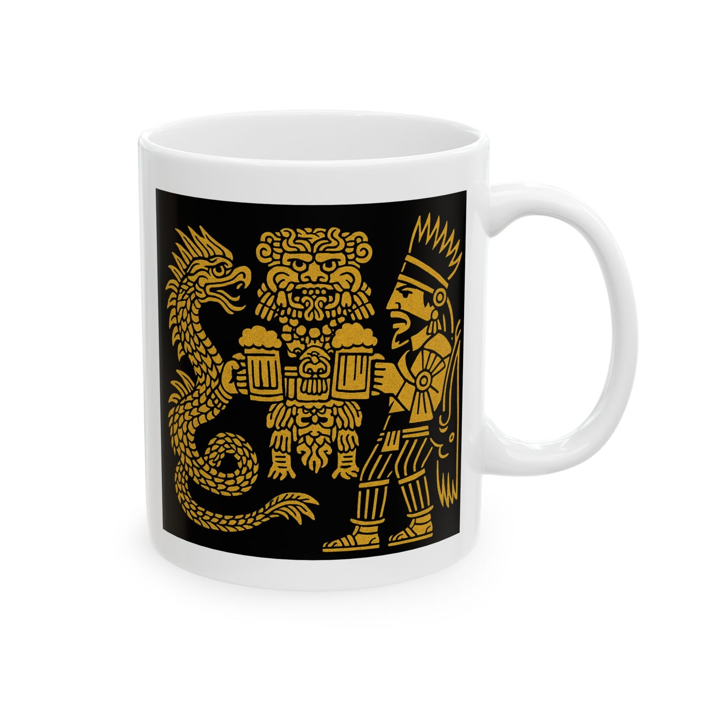 Ceramic Mug with Aztec Warriors and Dragon Design, Unique Coffee Cup, Fun Gift for Collectors, Home Decor, Celebration Mug
