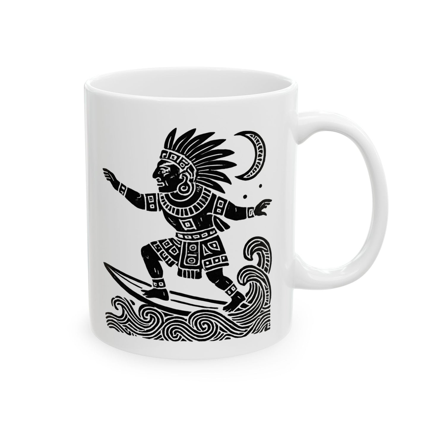 Surfing Aztec God-Inspired Ceramic Mug | Beach Lover Gift | Ocean Decor | Coffee Cup | Unique Art Print | Perfect for Summer Vibes