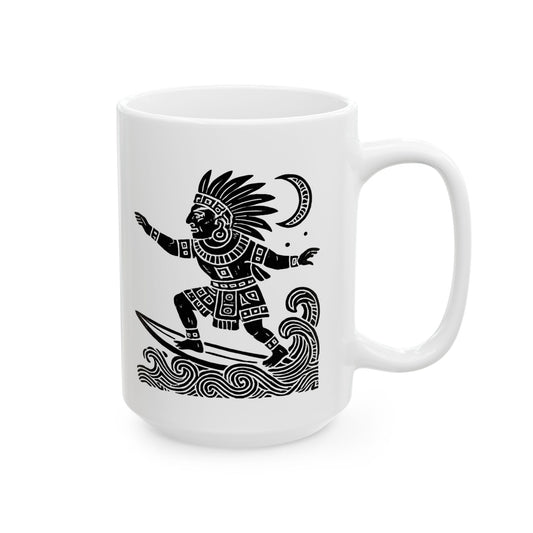 Surfing Aztec God-Inspired Ceramic Mug | Beach Lover Gift | Ocean Decor | Coffee Cup | Unique Art Print | Perfect for Summer Vibes