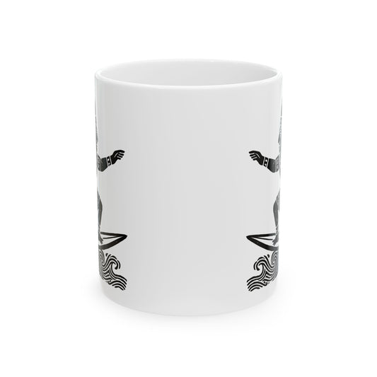 Surfing Aztec God-Inspired Ceramic Mug | Beach Lover Gift | Ocean Decor | Coffee Cup | Unique Art Print | Perfect for Summer Vibes