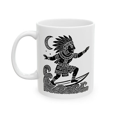 Surfing Aztec God-Inspired Ceramic Mug | Beach Lover Gift | Ocean Decor | Coffee Cup | Unique Art Print | Perfect for Summer Vibes