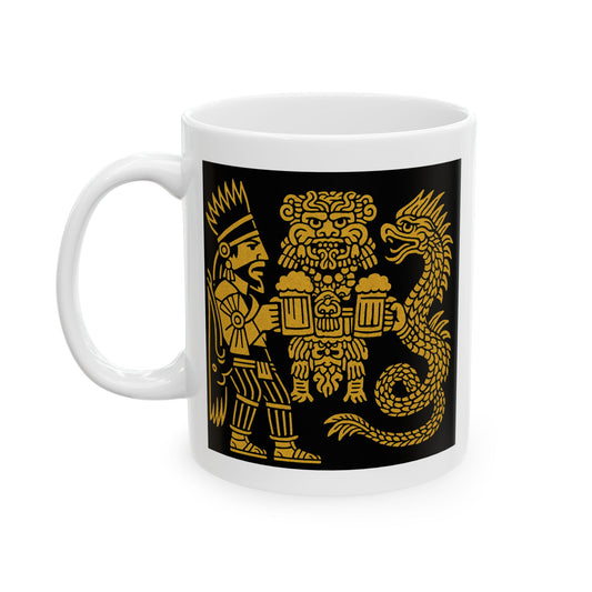 Ceramic Mug with Aztec Warriors and Dragon Design, Unique Coffee Cup, Fun Gift for Collectors, Home Decor, Celebration Mug