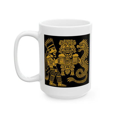 Ceramic Mug with Aztec Warriors and Dragon Design, Unique Coffee Cup, Fun Gift for Collectors, Home Decor, Celebration Mug