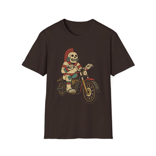 Aztec Ghost Biker Graphic Tee, Unisex Softstyle T-Shirt, Casual Wear, Bike Enthusiast Gift, Unique Summer T-Shirt, Fun Outdoor Apparel