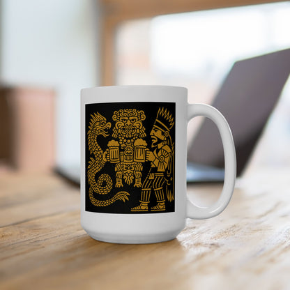 Ceramic Mug with Aztec Warriors and Dragon Design, Unique Coffee Cup, Fun Gift for Collectors, Home Decor, Celebration Mug