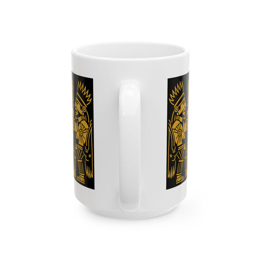 Ceramic Mug with Aztec Warriors and Dragon Design, Unique Coffee Cup, Fun Gift for Collectors, Home Decor, Celebration Mug