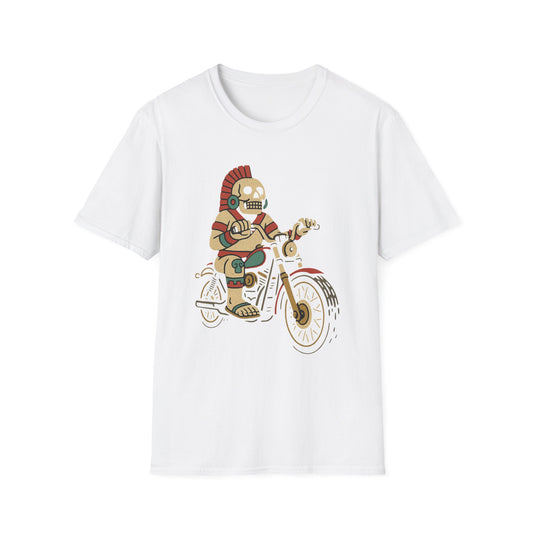 Aztec Ghost Biker Graphic Tee, Unisex Softstyle T-Shirt, Casual Wear, Bike Enthusiast Gift, Unique Summer T-Shirt, Fun Outdoor Apparel