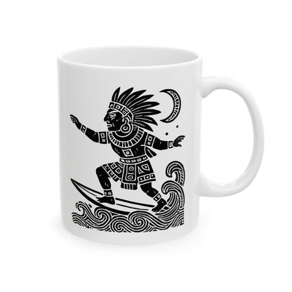 Surfing Aztec God-Inspired Ceramic Mug | Beach Lover Gift | Ocean Decor | Coffee Cup | Unique Art Print | Perfect for Summer Vibes